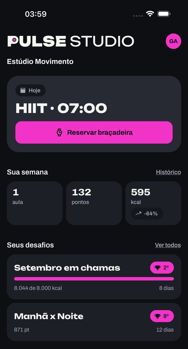 Início do app com a próxima aula e o botão Reservar braçadeira