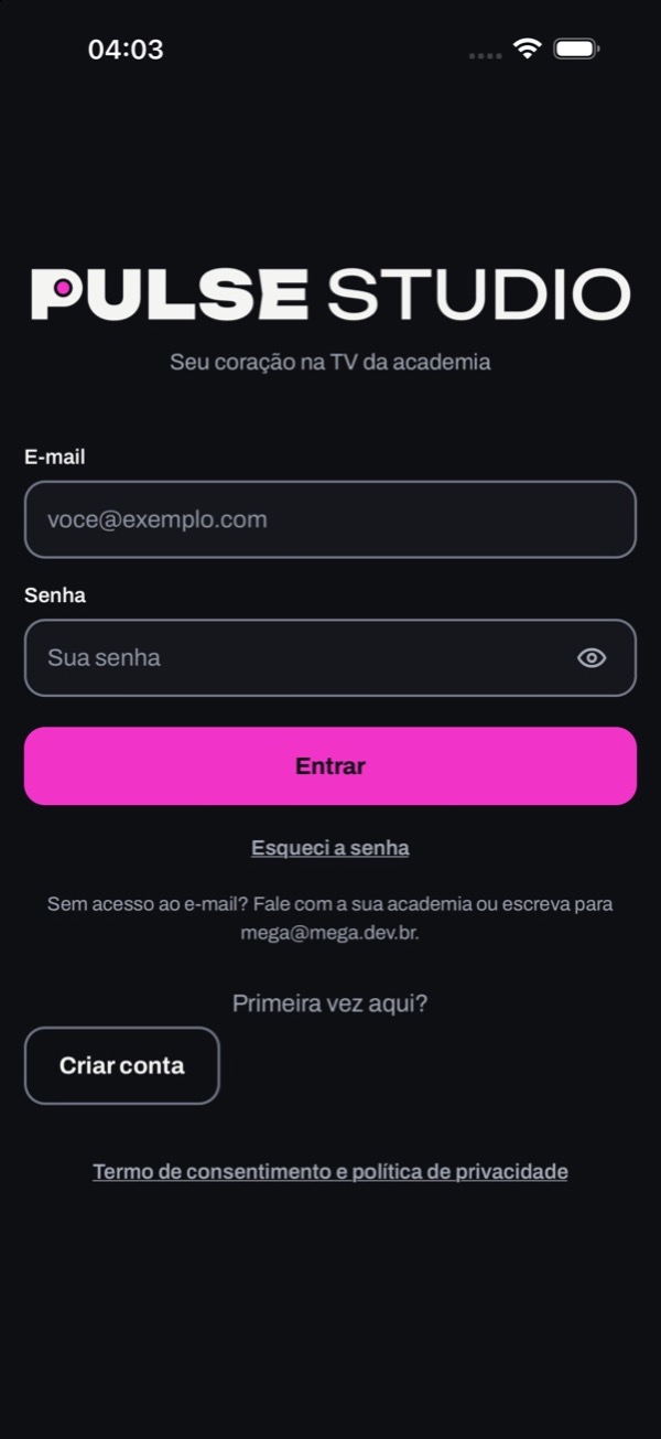 Tela Entrar do app, com e-mail, senha, o botão Entrar e, embaixo, Criar conta