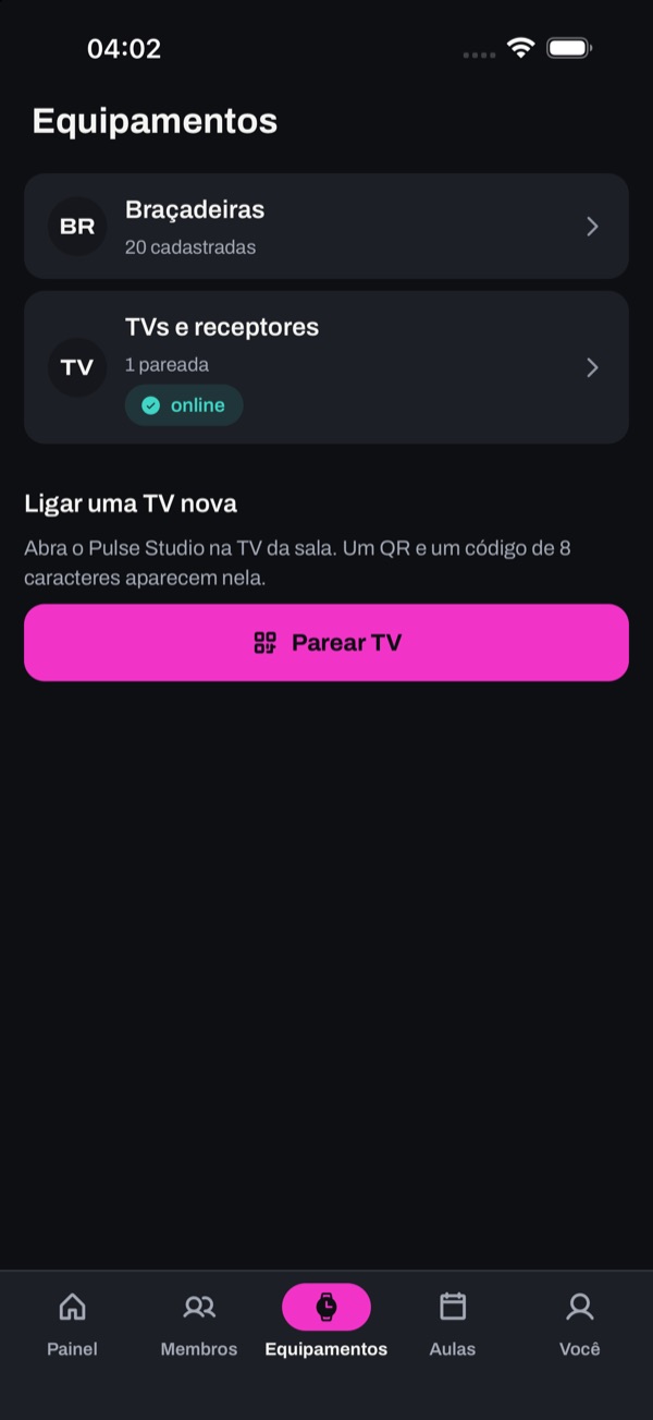 App, aba Equipamentos: Braçadeiras, TVs e receptores, e o botão Parear TV
