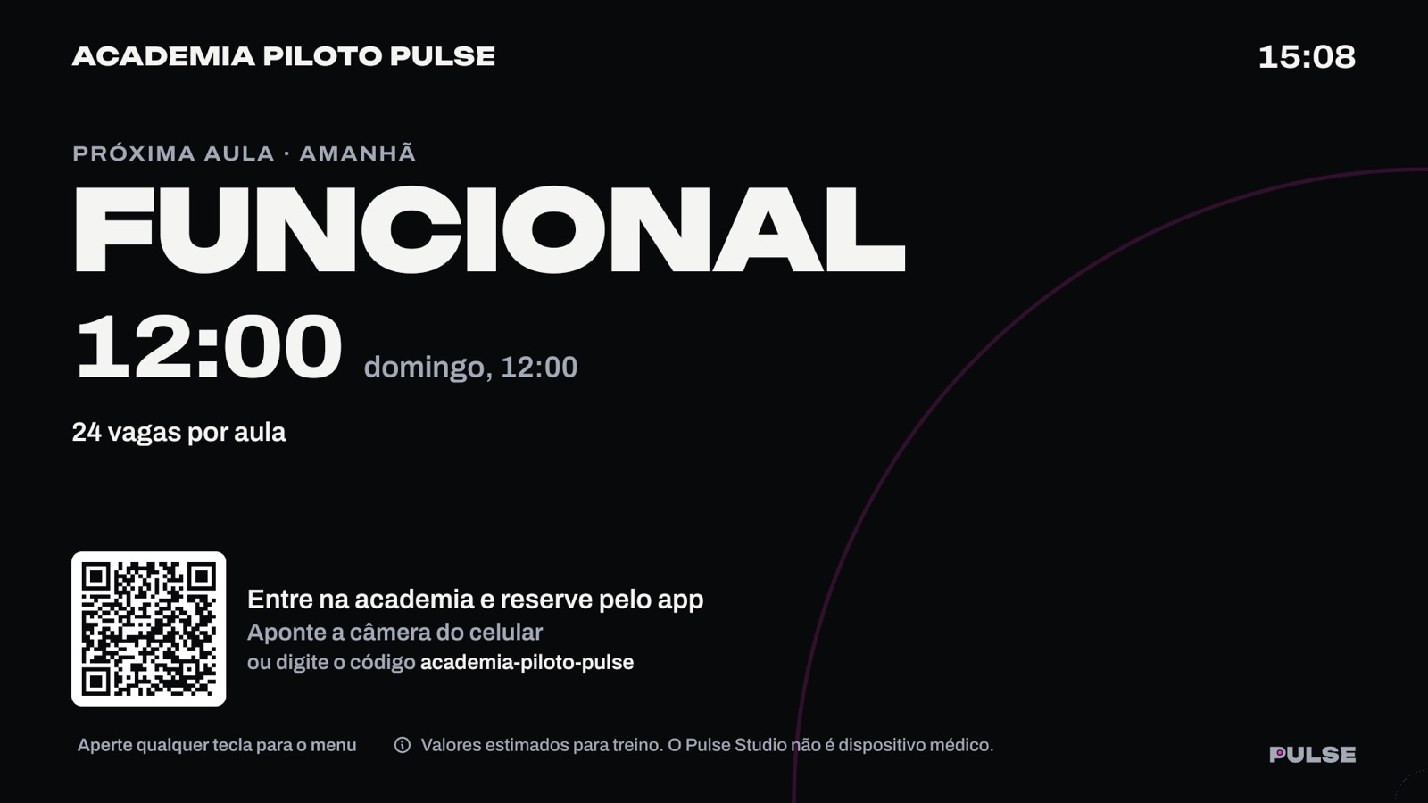 A TV entre as aulas: a próxima aula, o ranking e um QR para entrar na academia com o código da academia
