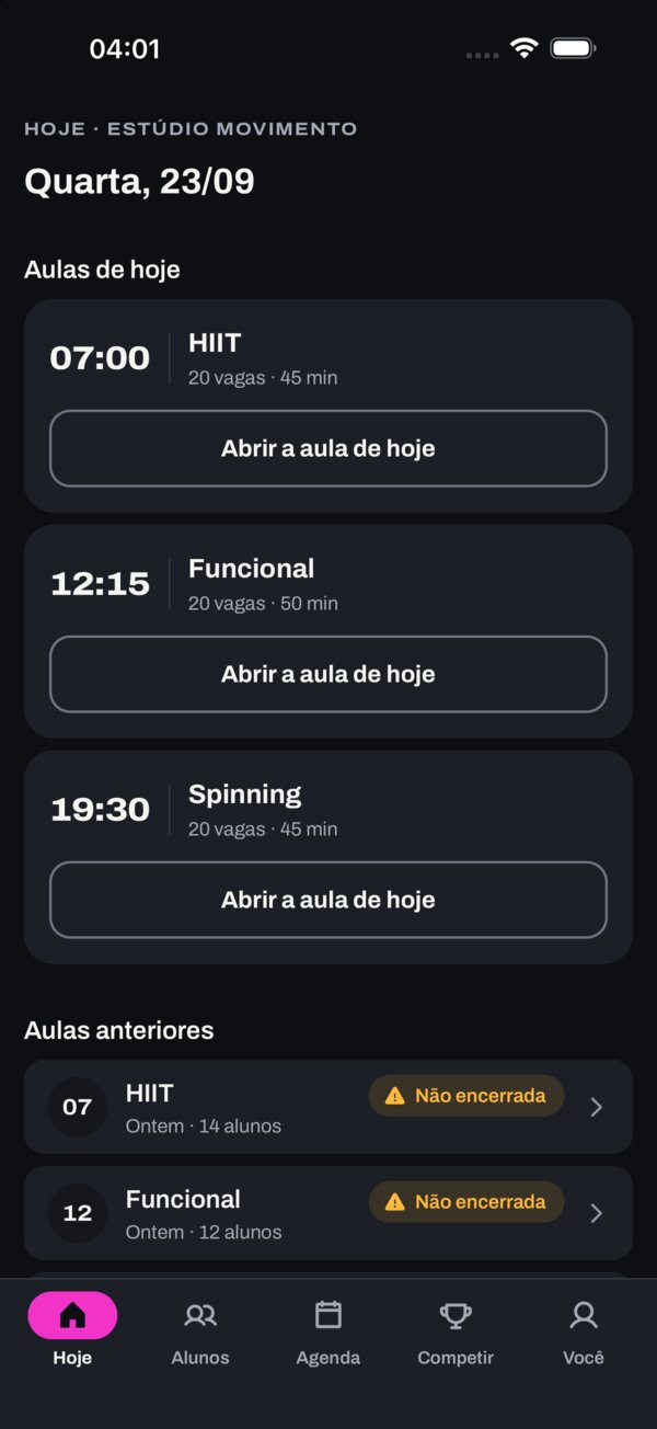App do professor, aba Hoje: as aulas de hoje, cada uma com o botão Abrir a aula de hoje, e as aulas anteriores