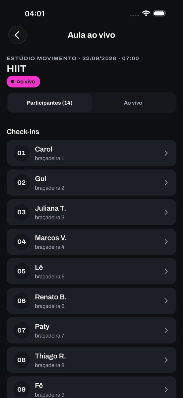 App do professor, Aula ao vivo: as abas Participantes e Ao vivo e a lista de check-ins com o número da braçadeira de cada aluno